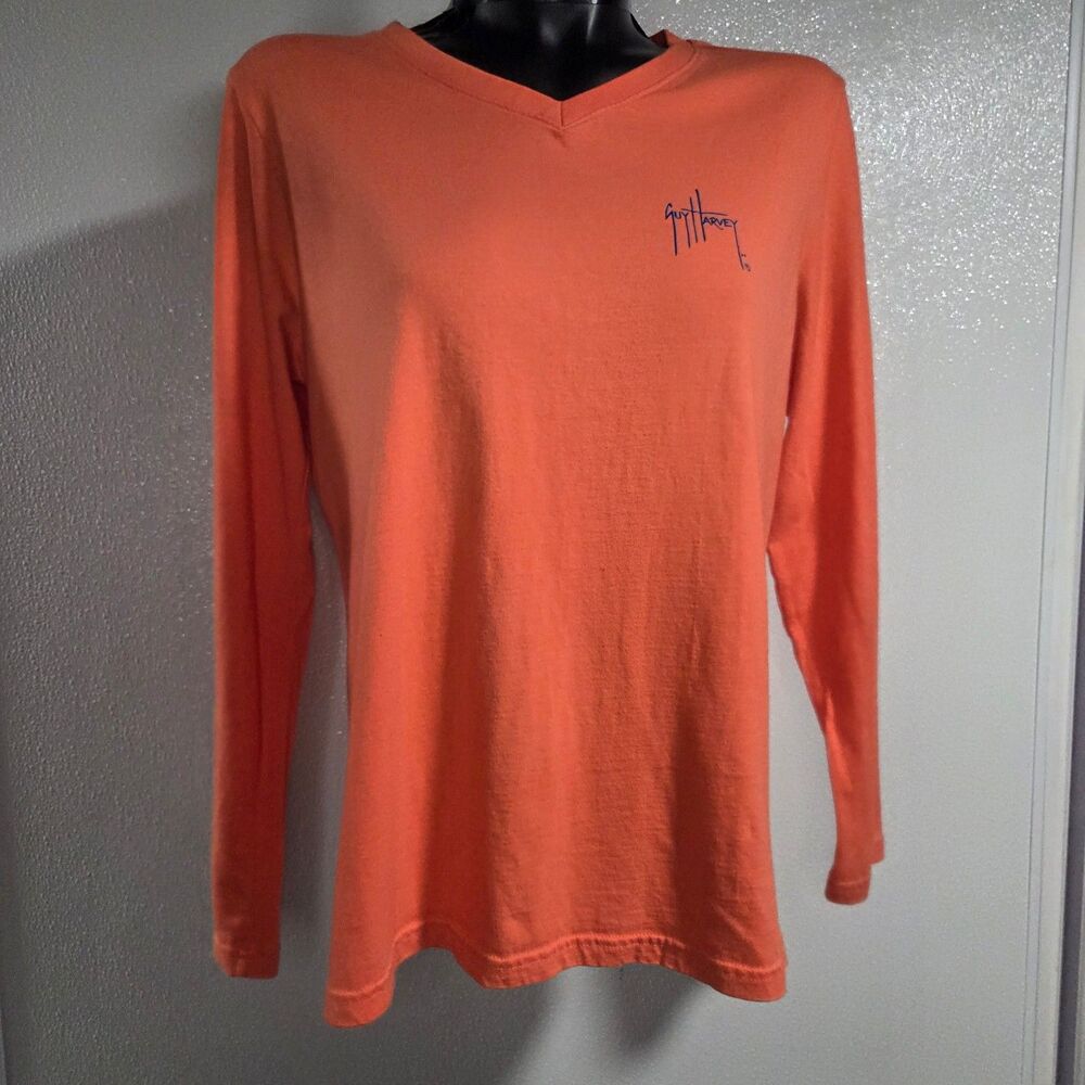 Guy Harvey Long Sleeve Performance Fishing Sun Shirt Orange Large Dolphins VNeck